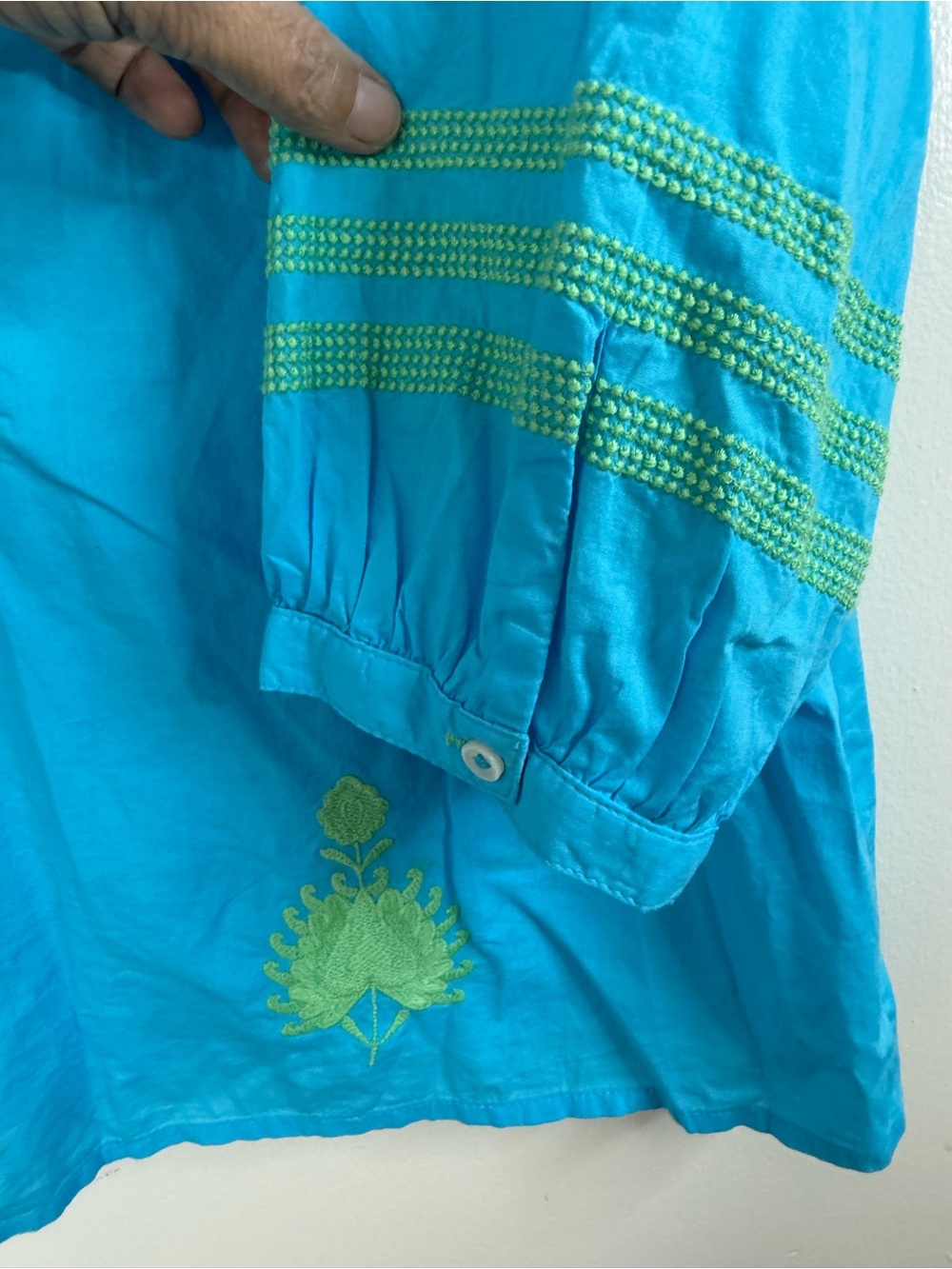 Talbots blue and vibrant light green, voile, embroidered cotton popover top MP - Picture 6 of 8